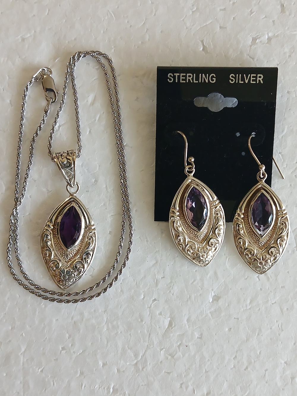 Amethyst Pendant Necklace and Earrings Set